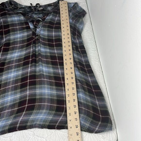 Motherhood Maternity Plaid Tunic Roll Tap Sleeves V cross string tie Size Large - Picture 10 of 10